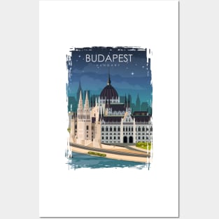 Budapest Hungary Vintage Minimal Retro Travel Poster at Night Posters and Art